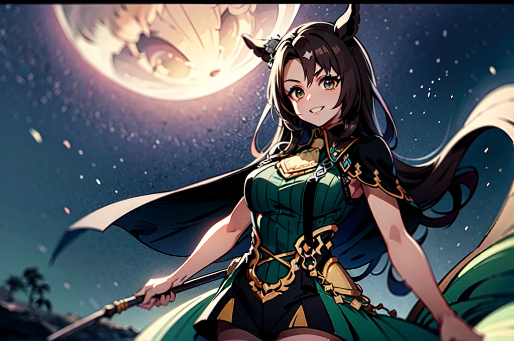 masterpiece、Highest Resolution、Highest quality、Highest quality、Thick brush painting、anime、sharp、sharp化、sharp効果、solo。Adult woman with horse ears。Dark green dress、Dark green shoulderless dress。Dark brown shorts、Dark brown pantyhose。Big Cape。Moonlit night starry sky background、breeze、Chest centered。Dark lipstick、Grinning face、Beautiful breasts、Touch your head with your hand。Brown Eyes。Brown Hair、Long Hair、Half Twin、Half Up。hair ornaments。