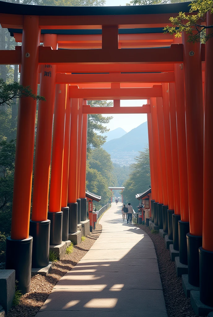 A realistic depiction of the sights of Fushimi Inari Taisha Shrine in Kyoto。Let&#39;s start with the magnificent torii gate at the entrance.、A long road lined with bright red torii gates、It winds its way up the forested mountainside.。The iconic Senbon Torii gates create a tunnel-like effect、Leading worshippers into the sacred grounds。Along the road、Mr.々Nakami々There is a small shrine dedicated to、Each one is decorated with offerings and fox statues.。The atmosphere is mysterious and tranquil.、The sound of leaves rustling in the wind and the sound of bells ringing from afar add to the sacred atmosphere.。When you reach the top of the road、Beyond the last torii gate、Kyoto cityscape and distant mountains々There is a panoramic view of。