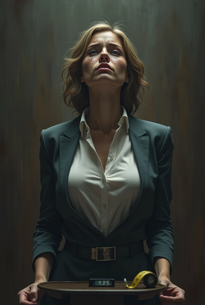Image of a weight scale, tape measure and a young woman, slightly overweight dressed as an office worker crying, You could make the image as if it were being judged in the court of justice. 