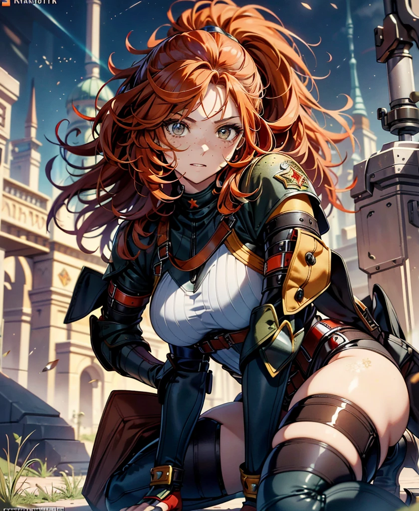 highest quality,T Masterpiece,final solution,Fluffy,Very colorful,colorful,female combatant,(kneeling pose)(pointing at your ass)mature woman,copper red hair, curly hair, brown eyes, freckles, fight combat uniform,tight suit,steel city background,night,normal posture,normal posture