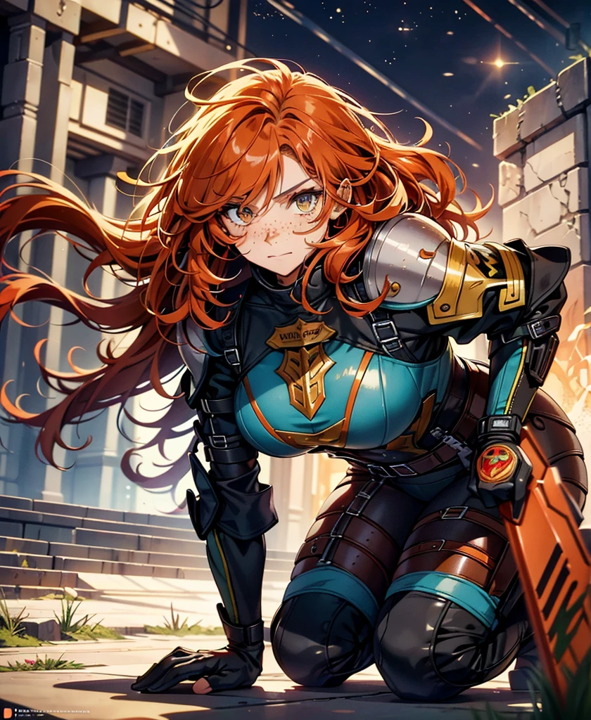 highest quality，T Masterpiece，final solution，Fluffy，Very colorful，colorful，female combatant，（kneeling pose）（pointing at your ass）mature woman，copper red hair,  curly hair,  brown eyes, freckles,  fight combat uniform，tight suit，steel city background，night，normal posture，normal posture