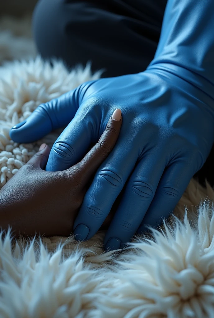 Create a realistic image of a giant blue male hand, holding your fingertips, as if it helped to get up, a small black female hand on a fluffy fur blanket