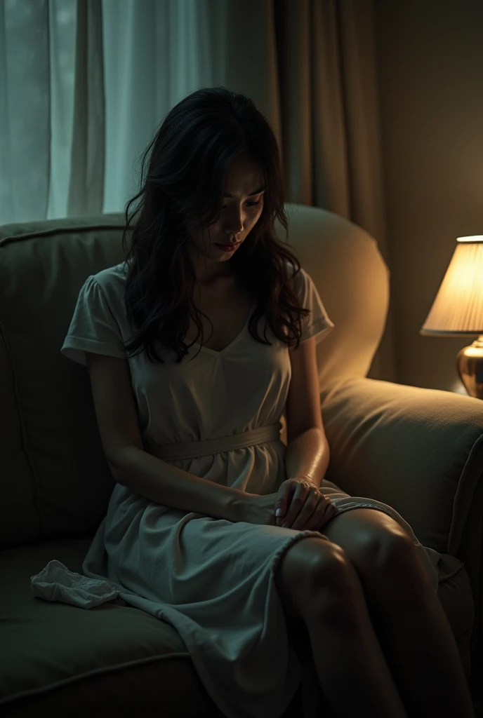 I want a beautiful woman sitting on the couch, she is sad next to the lamp crying 