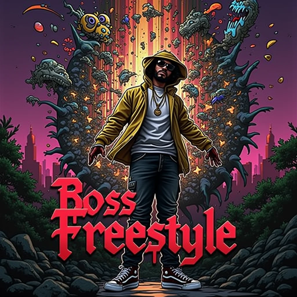 colored album art, hip hop music album cover, rap album cover, Boss Freestyle 써줘