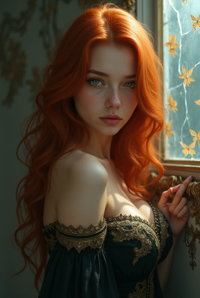 (solo, full body photo:1.3), (action packed:1.3), (haze, fog, mist:1.3), chiaroscuro, best quality, photorealistic, 1woman, (cute), (24yo:1.2), redhead, long ginger hair highly detailed, 1700'S, digital photography, art by artgerm and ruan jia and greg rutkowski surreal painting gold butterfly filigree, broken glass, (masterpiece, sidelighting, finely detailed Fashionable eyes: 1.2) (perfect oval large eyes that gazes at the viewer), beautiful detailed face, blue gorgeous perfect eyes, (blonde hair ponytail), (attractive young woman:1.3), (thick amazing hair), (seductive:1.1), (blushing:1.1)