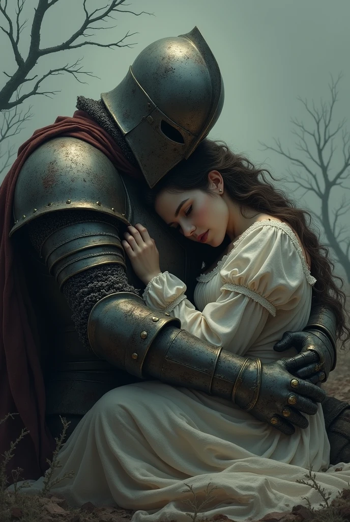 Knight with a Dark Souls 3 helmet sitting dying with a woman hugging him from behind as a consolation