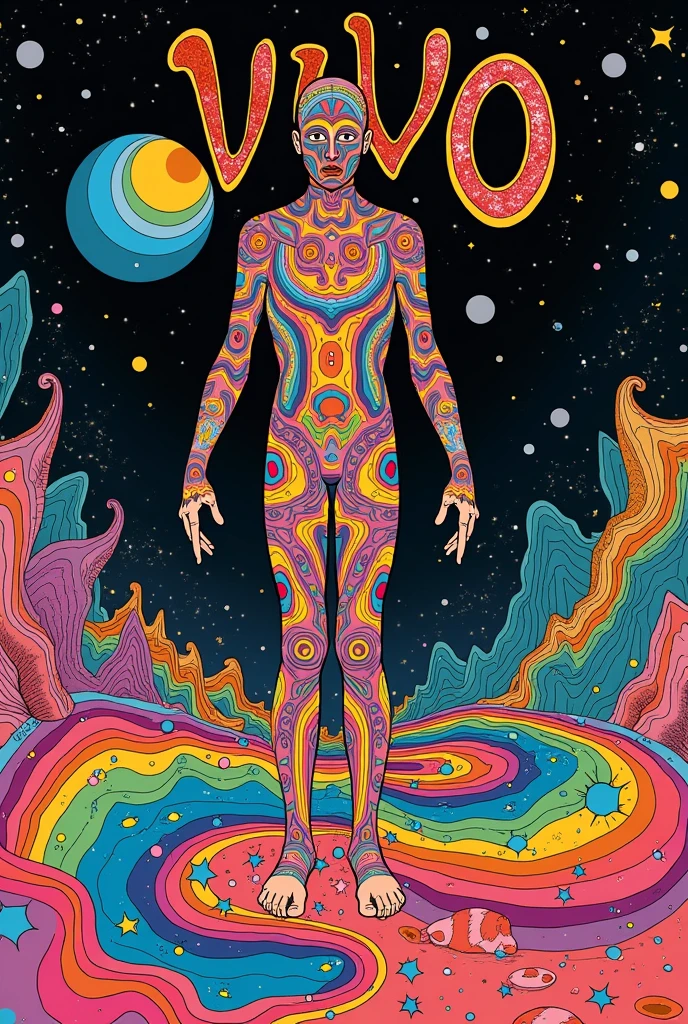 a cover of the song Vivo by Cerati as a poster of Victor Moscoso, text that mentions "the end of love, feel alive . the end of the sea, feel more alive."     "I will put on the human skin costume. I didn&#39;t expect so much brightness." Let the image accompany the text with psychedelic instruments and elements 