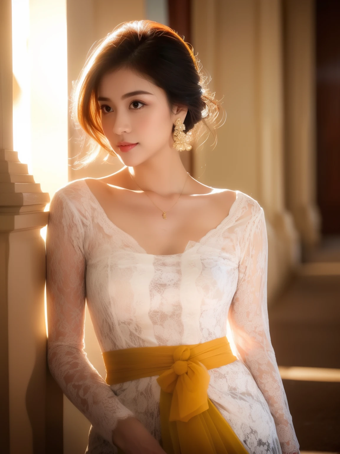 A girl, mix4,(8k, RAW photo, best quality, masterpiece:1.2), (realistic, photo-realistic:1.37),1girl,cute,cityscape, night, rain, wet, professional lighting, photon mapping, radiosity, Physically-based rendering, gradient brunette hair, short curly hair, handsome, girly, white ball set, superb picture quality, high resolution, 1080p, (clear face), (detailed face description), (detailed hand description), (masterpiece), (exquisite CG), extreme light and shadow, messy hair, masterpiece, rich detail, (exquisite facial features), (highest image quality), (masterpiece), (detailed eyes), look forward to your eyes, delicate collarbone, kebaya_bali