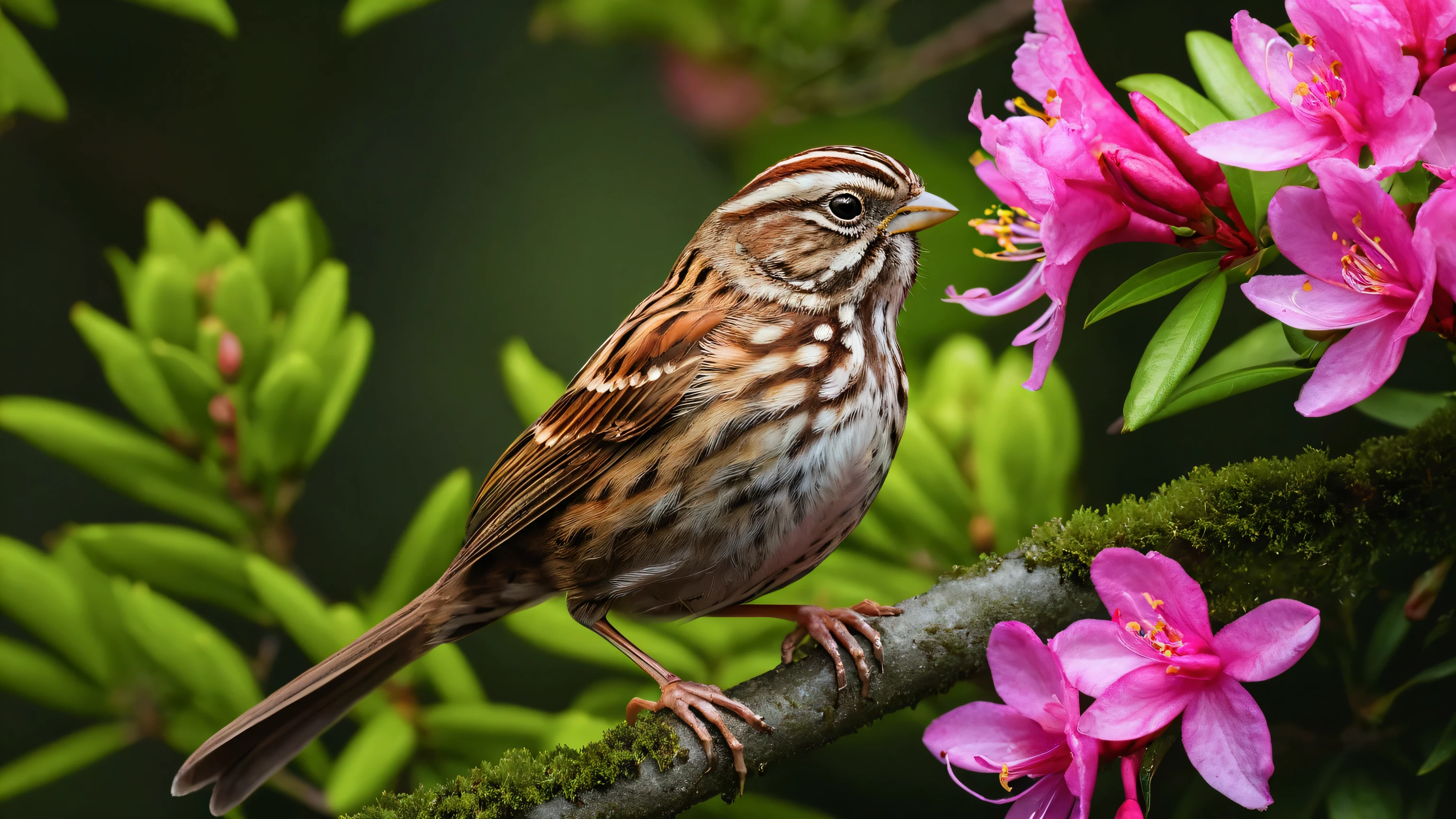 Ultra-high-definition 8K close-up photo of a Song Sparrow perched gracefully on a rhododendron branch. The bird is in a beautiful pose, surrounded by lush green leaves and vibrant clusters of yellow and pink rhododendron flowers in full bloom.