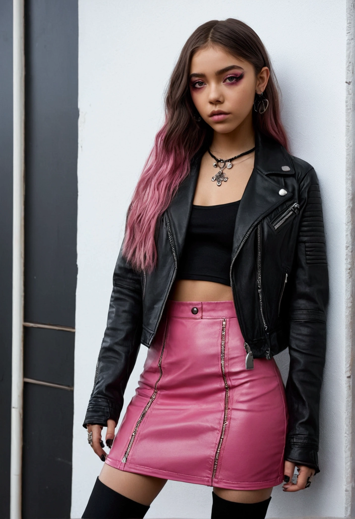 a woman wearing a pink skirt and a black jacket, goth vibe, dressed in leather jacket, portrait sophie mudd, she wears leather jacket, soft devil queen madison beer, portrait of vanessa morgan, seductive cyberpunk dark fantasy, wearing cyberpunk leather jacket, goth girl aesthetic, madison beer girl portrait, gorgeous stella maeve magician, charli bowater, leather clothing, entire body visible, full body, hyperrealistic, best quality, 8K, real human skin, masterpiece, extremely intricate, medium closeup, detailed eyes, detailed face, detailed body, exaggerated features, pronounced features, skin and pores