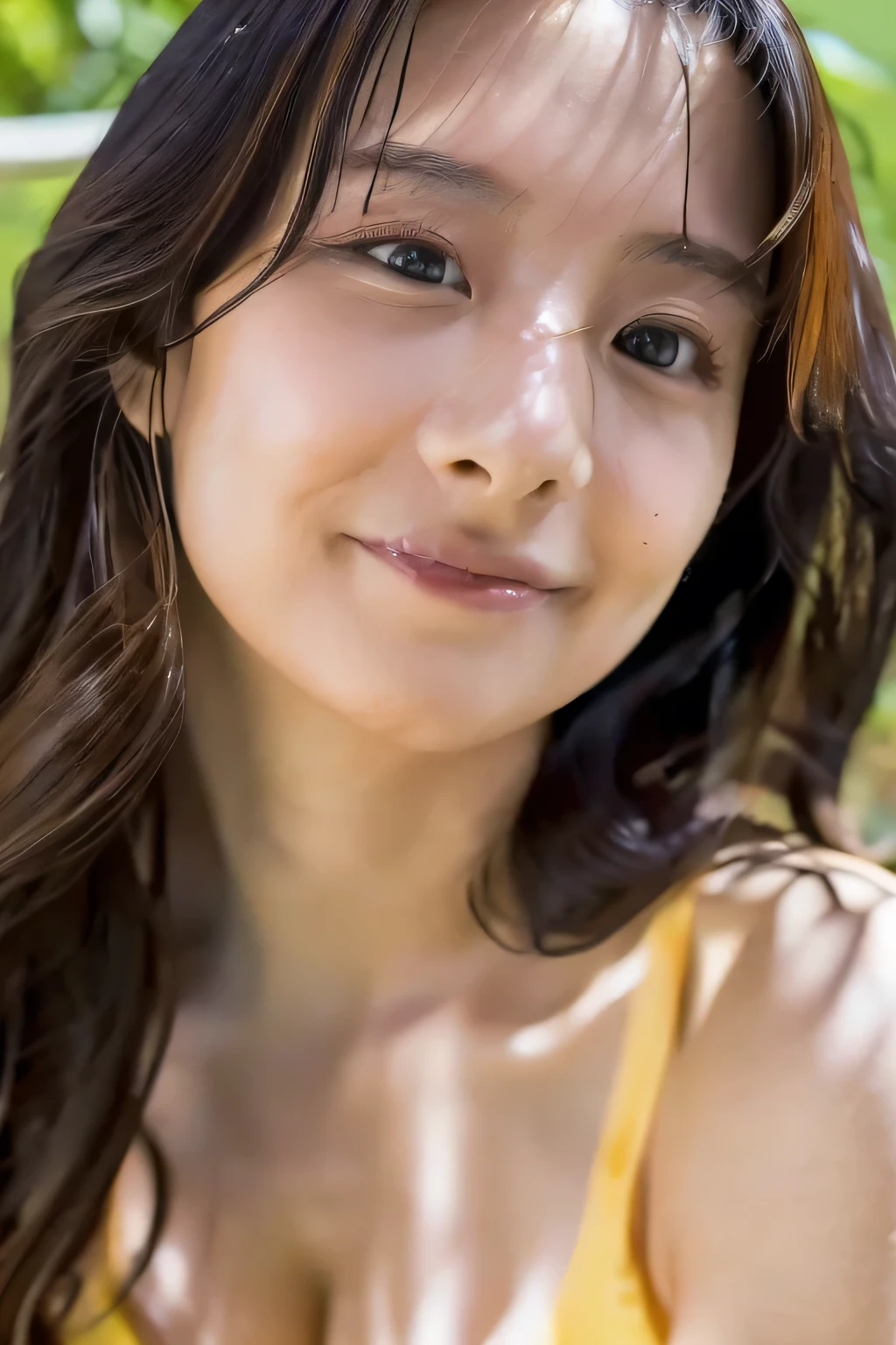 Complete quality。8K video。Big Tits。((slender:4.0))Long Hair。Sexy buttocks。A risqué gaze。(((A tempting throat:4.0)))Long legs。Perfect beauty。Smiling Kindly。Close-up from chest up。Bikini suits you。I'm a little more sexy. Thank you!((stop framing out:4.0))