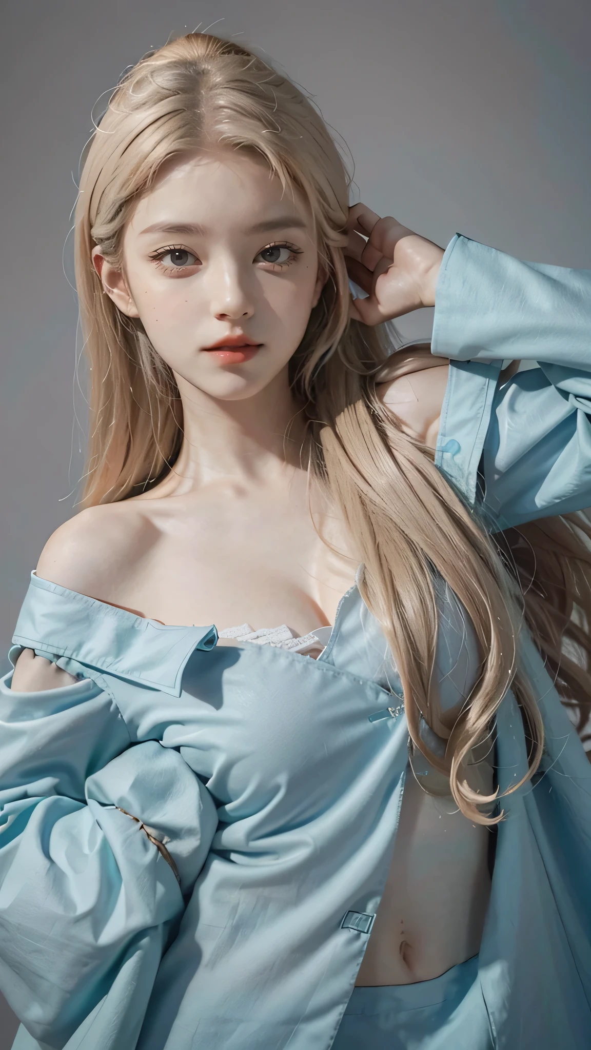 Girl wearing, luxury  cyan coat, shoulder length hair, wavy hair, glowing skin, star in eye, red lips, grey  background, cute poses , upper body, light blonde hair.