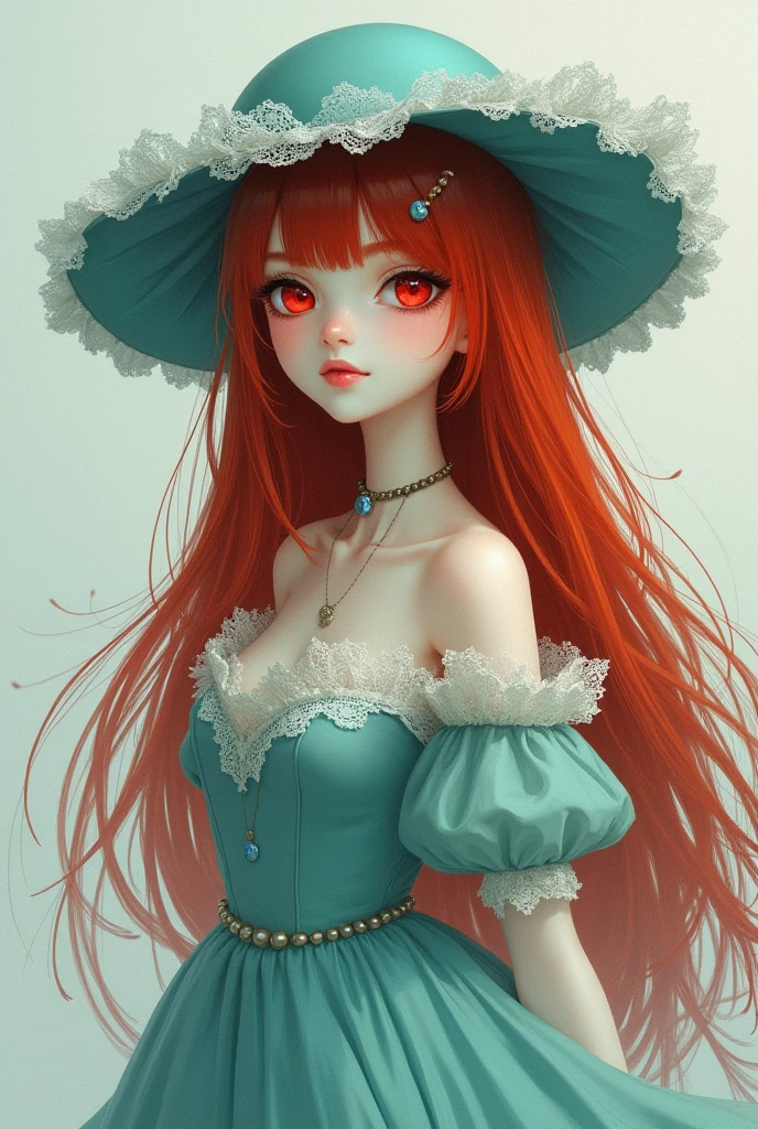 fantasy drawing, sketch, romantic, cold colors,
Thin teenager, young woman in turquoise princess dress with white and hat with lace for the sun Features Redhead, red pupils, White skin, Long straight hair, abundant, fine rostrum, delicate body.