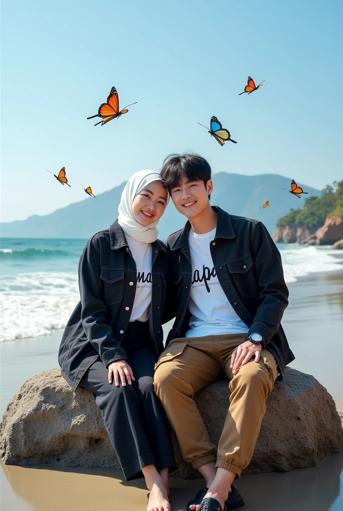 Stunning beach views under clear blue skies. Beautiful Korean girl, white, well-groomed face, thin smile, with black jeans jacket, white t-shirt with (mama) logo pattern, cargo pants, cool watch, and white Korean man, well-groomed face, with black jeans jacket, white t-shirt patterned with the (papa) logo, brown cargo pants sat intimately beside him. posing On the beach on a rock, waves crashing against the shore, and the mountains in the distance are the background. The woman wears a white hijab, and the man wears a cool black watch, colorful butterflies flying around him looking at the camera add a beautiful touch. . Realistic original photo.
