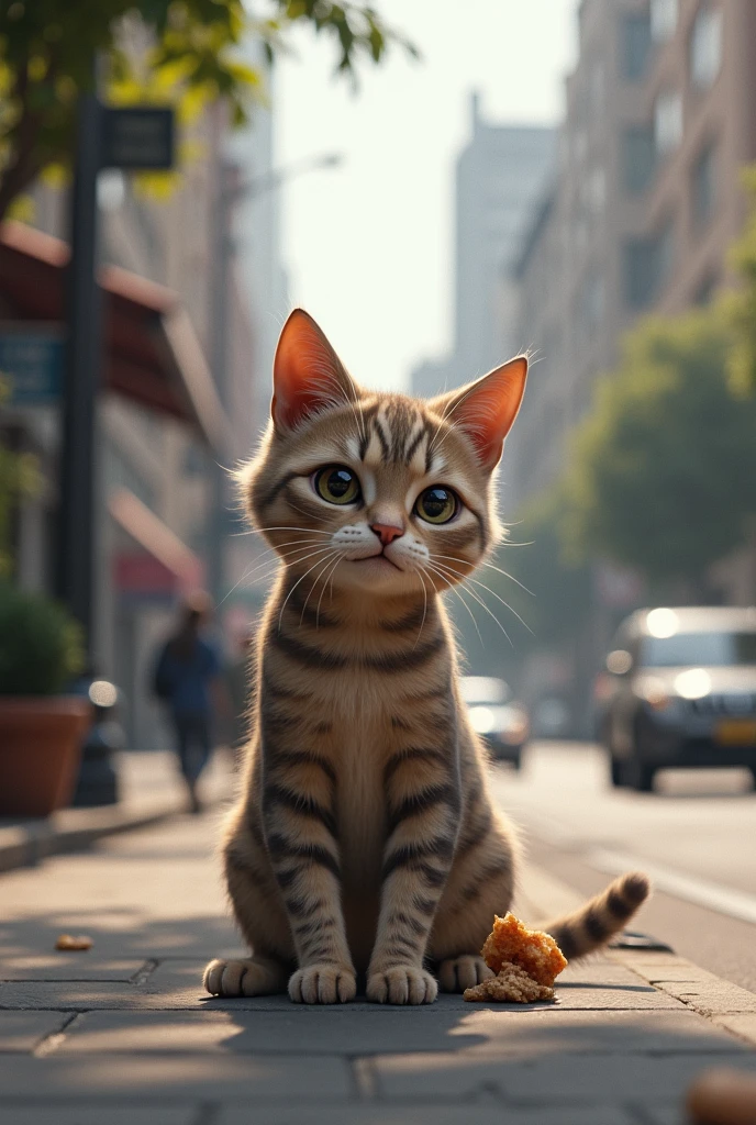 a cat sitting on the side of the street eating a side