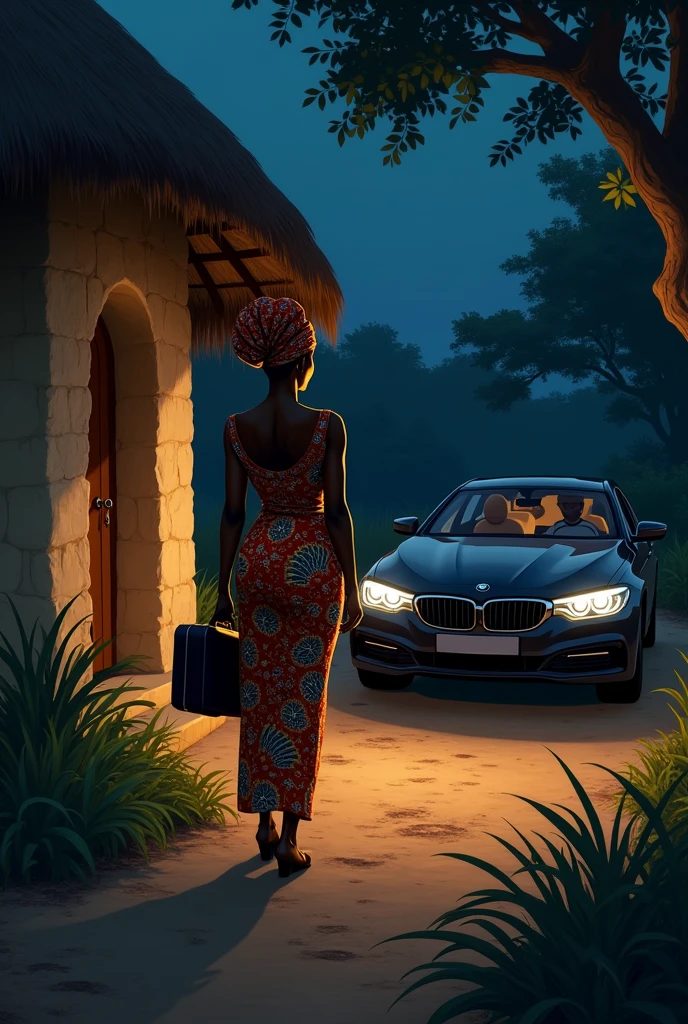 With a night setting, generate an image of a young curvy dark black lady in an African wearwith a luggage at night sneaking out of a village hut into a posh car with a dark black African man in an African wear sitting in front 