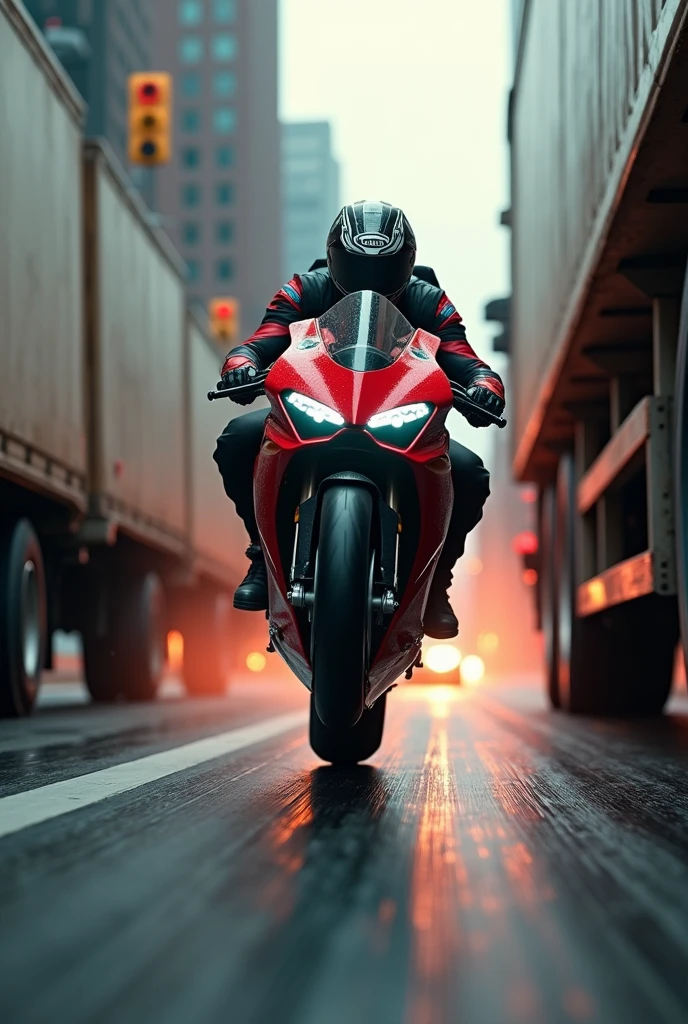 A highly detailed, futuristic, high speed action sean, 3D text "SPEED JUNKIE" centered at the top of the page, a rider on a ducati panigale v4 popping wheelie with the front wheel being a good 2 feet off the ground riding between two lorries, extremely dangerous situation, high speed chase, adrenaline, motion blur, low angle, dramatic lighting, cinematic composition, gritty urban environment, moody atmosphere, vibrant colors, hyper-realistic, award winning photography, masterpiece, (best quality,4k,8k,highres,masterpiece:1.2),ultra-detailed,(realistic,photorealistic,photo-realistic:1.37)