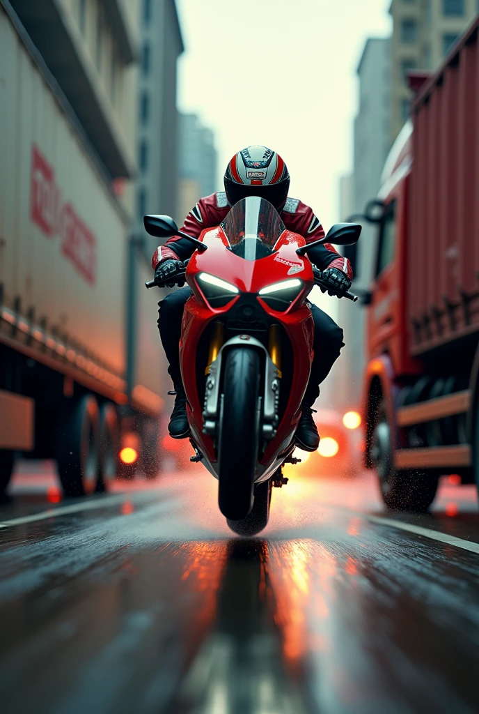 A highly detailed, futuristic, high speed action sean, 3D text "SPEED JUNKIE" centered at the top of the page, a rider on a ducati panigale v4 popping wheelie with the front wheel being a good 2 feet off the ground riding between two lorries, extremely dangerous situation, high speed chase, adrenaline, motion blur, low angle, dramatic lighting, cinematic composition, gritty urban environment, moody atmosphere, vibrant colors, hyper-realistic, award winning photography, masterpiece, (best quality,4k,8k,highres,masterpiece:1.2),ultra-detailed,(realistic,photorealistic,photo-realistic:1.37)