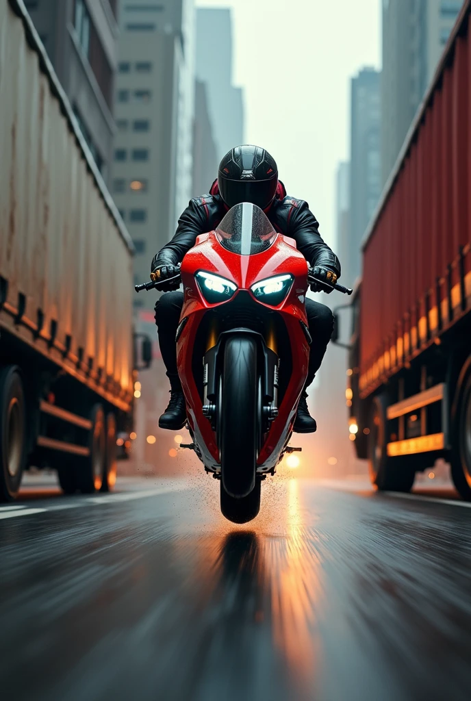 A highly detailed, futuristic, high speed action sean,  3D text "SPEED JUNKIE" centered at the top of the page, a rider on a ducati panigale v4 popping wheelie with the front wheel being a good 2 feet off the ground riding between two lorries, extremely dangerous situation, high speed chase, adrenaline, motion blur, low angle, dramatic lighting, cinematic composition, gritty urban environment, moody atmosphere, vibrant colors, hyper-realistic, award winning photography, masterpiece, (best quality,4k,8k,highres,masterpiece:1.2),ultra-detailed,(realistic,photorealistic,photo-realistic:1.37)