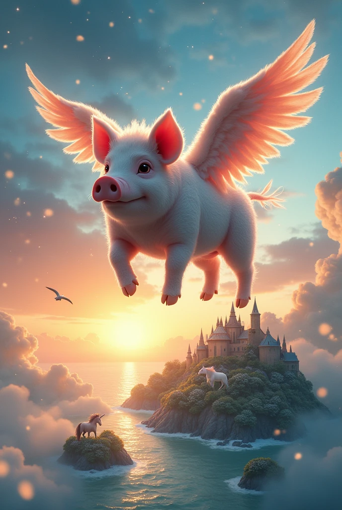 Pig with wings flying in a cloud of snow and below an island full of unicorns and a sunset full of stars