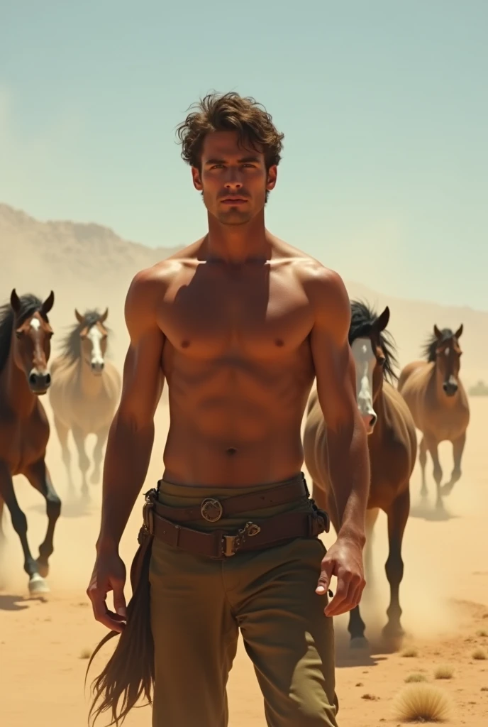 A young handsome skinny man with no shirt standing in the desert with many horses running behind him