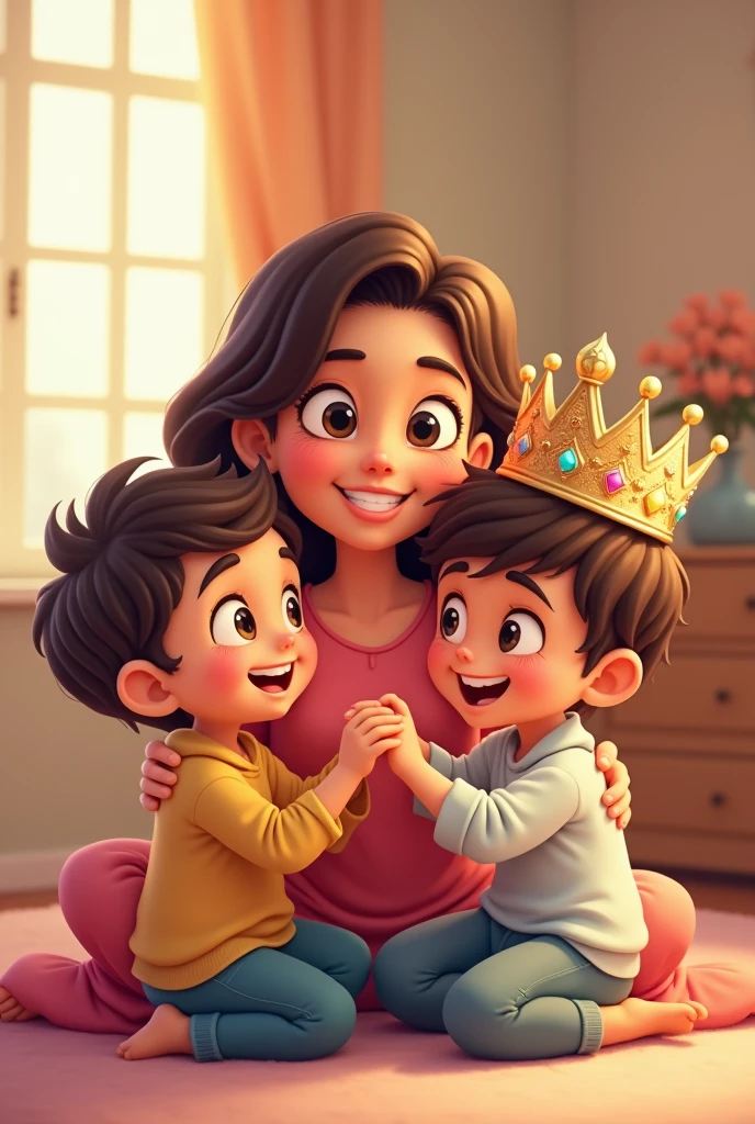 Make a cartoon photo of a mother with her two sons placing a crown on their heads with lots of love