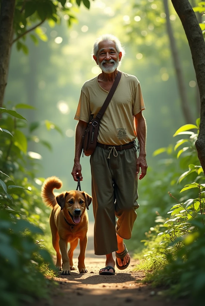 Photorealism 1.2 old Malay male smile wearing tear shirt trousers sling bag carrying a rifle walk with  brown dog waving tail  at jungle background morning mode  sunlight silhouette very high detail high definition full HD
