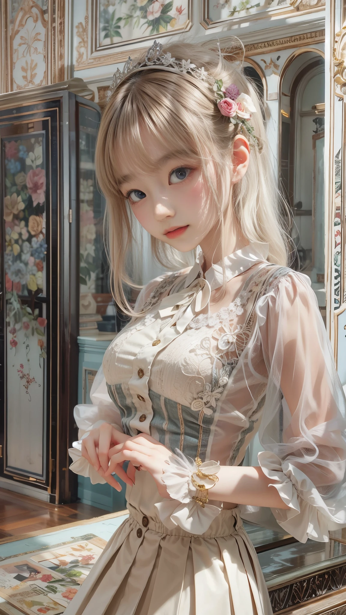 masterpiece , Highest quality , Very detailed , 1 person, ((Contrasting Eyes)) , Are standing , blouse, skirt , bangs , room , indoor