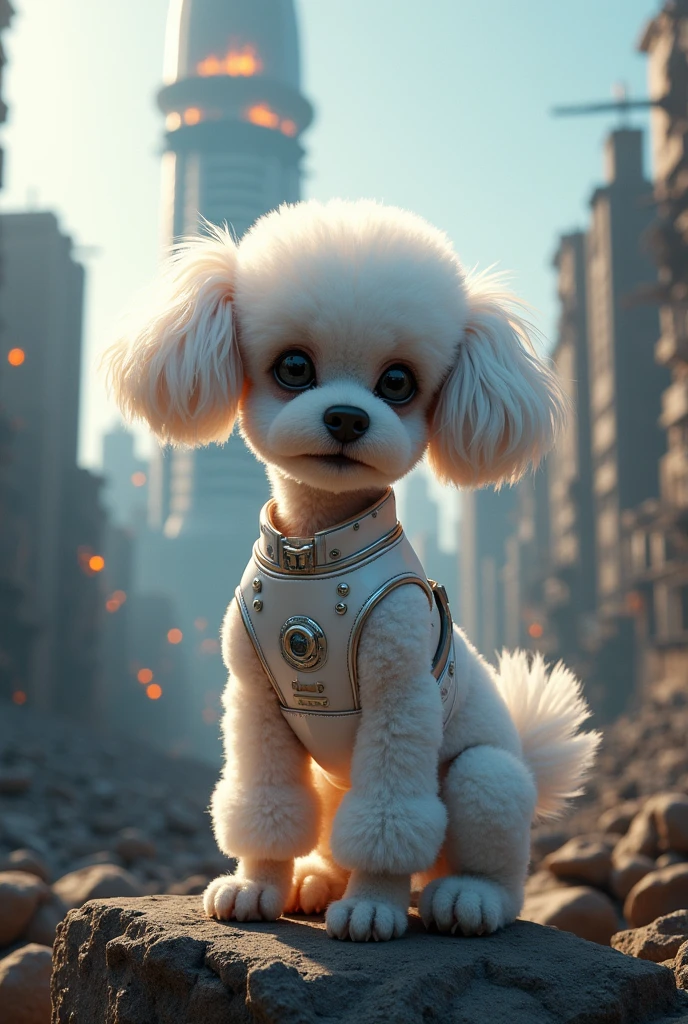 ((Highest quality)), ((masterpiece)), ((Realistic)), (detailed), (photoRealistic:1.5), A baby white toy poodle with a cute futuristic face and round ears, (White bodysuit), Lights on Armor, Cybernetic Headwear, View your viewers, Wearing a mini skirt, Blowing in the Wind, Dynamic pose, Post-apocalyptic, Destroyed city background, The building is on fire, sf, High resolution, Ray Tracing, NVIDIA, Super Resolution, Unreal 5, Scattered beneath the surface, PBR Texturing, Post-processing, Anisotropic Filtering, Depth of written boundary, Maximum clarity and sharpness, Three-part method, 8K RAW, (Luminous Particles:1.4), (extremely detailed cg, unity 8k wallpaper, 3d, Cinema Lighting, Lens flare), reflection, Sharp focus, Cyberpunk art, Cyberpunk architecture,no