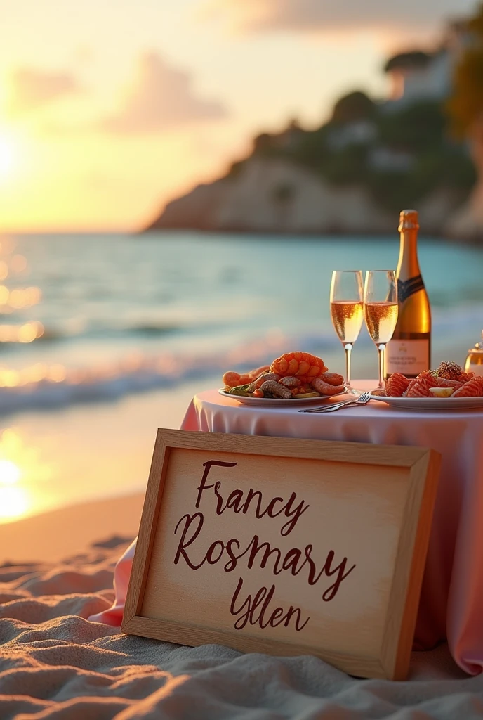 A beach in Europe, with a table, fish, champagne, and a big sign that says: For Francy and Rosmary with love from Yllen