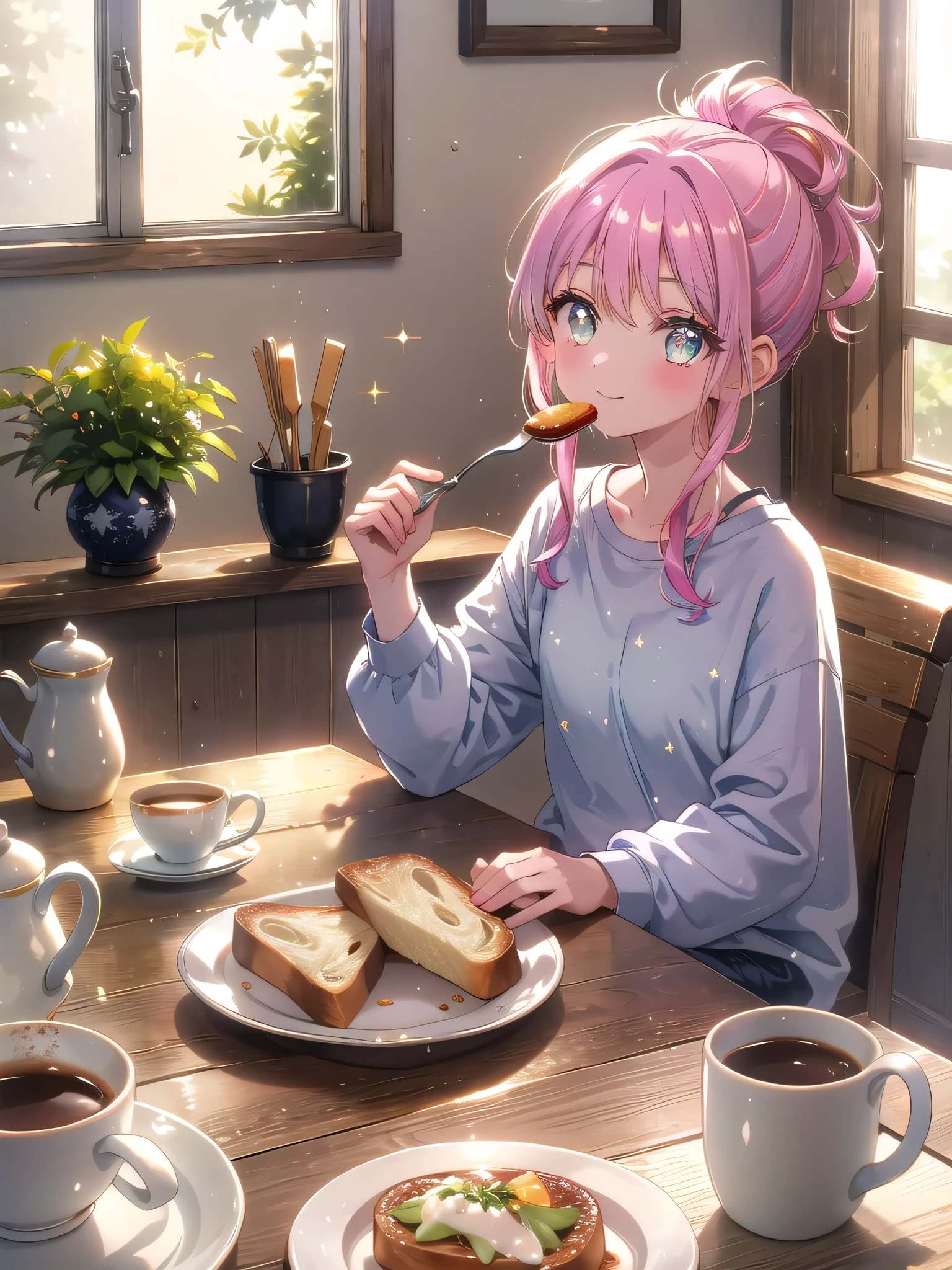 ((8k, Highest quality, masterpiece: 1.3)),Ultra-high resolution,(1 girl, alone), (Color changing eyes, Ultra-detailed, Expressive brilliance, Glitter, Glowing Eyes), Highly detailed eyes, Highly detailed face, Random Hair, ((pastel colour))Breakfast in the Morning Sunlight
The woman is seated at a small wooden dining table in her cozy kitchen, enjoying a simple breakfast. She’s wearing a soft, oversized t-shirt and pajama shorts, her hair loosely tied back. The morning sunlight filters through the window, casting a gentle glow over the table. She has a plate with a single slice of toast topped with avocado and a small bowl of fresh fruit. As she takes a bite of her toast, she looks up at the camera with a contented smile, her eyes still carrying the softness of the early morning. The kitchen is minimally decorated, with a few potted herbs on the windowsill and a simple ceramic mug of coffee beside her plate, adding to the homely atmosphere.