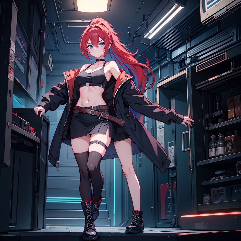 1girl, solo, long hair, , looking at viewer, bangs, blue eyes, skirt, large breastshighs, long sleeves, navel, cleavage, hair eyes, closed mouth, underwear, blue hair, standing, collarbone, panties, full body, po red hair, multicolored hair, boots, open clothes, shoes, choker, midriff, belt, black thighhighs, indoors, miniskirt, black skirt, stomach, black footwear, two-tone hair, streaked hair, coat, crop top, v-shaped eyebrows, thigh strap, ass visible through thighs, bk choker, pantyshot, pencil skirt, black bopen coat, black coat, taut clothes, tube top, with the word "Kali Linux" written on her outfit, servers and computers are visible in the background in a cyberpunk-style environment, featuring neon lights, futuristic buildings, and a high-tech urban atmosphere.