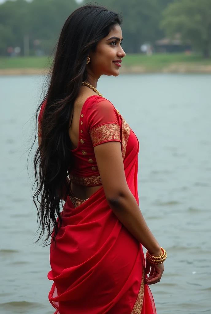 An Indian woman, long haired, big breasts, red coloured saree, transparent saree, thin waist, big ass, transparent saree, woman, bathing in the river. She is showing her body parts. Without drees, adult 18+
photo