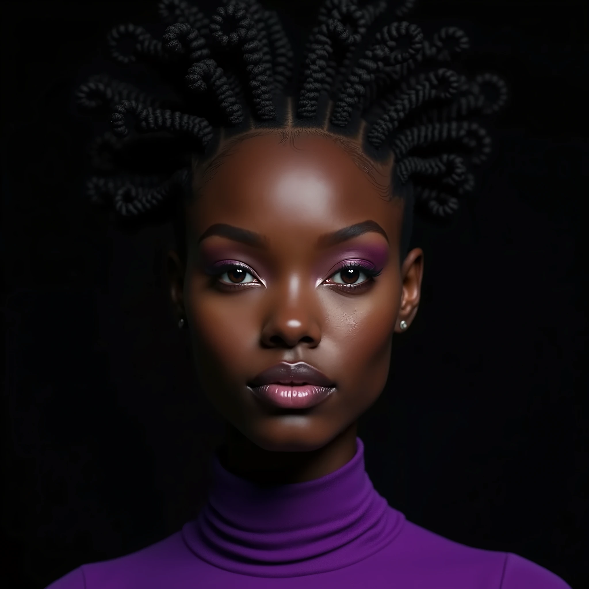 close-up of a woman, dark skin mulatto european appearance, Fractalpunk, curly braided intricate hair on top, portrait shot, studio lighting, beautiful android woman, pitchblack skin, She is wearing a purple shirt, Black background
