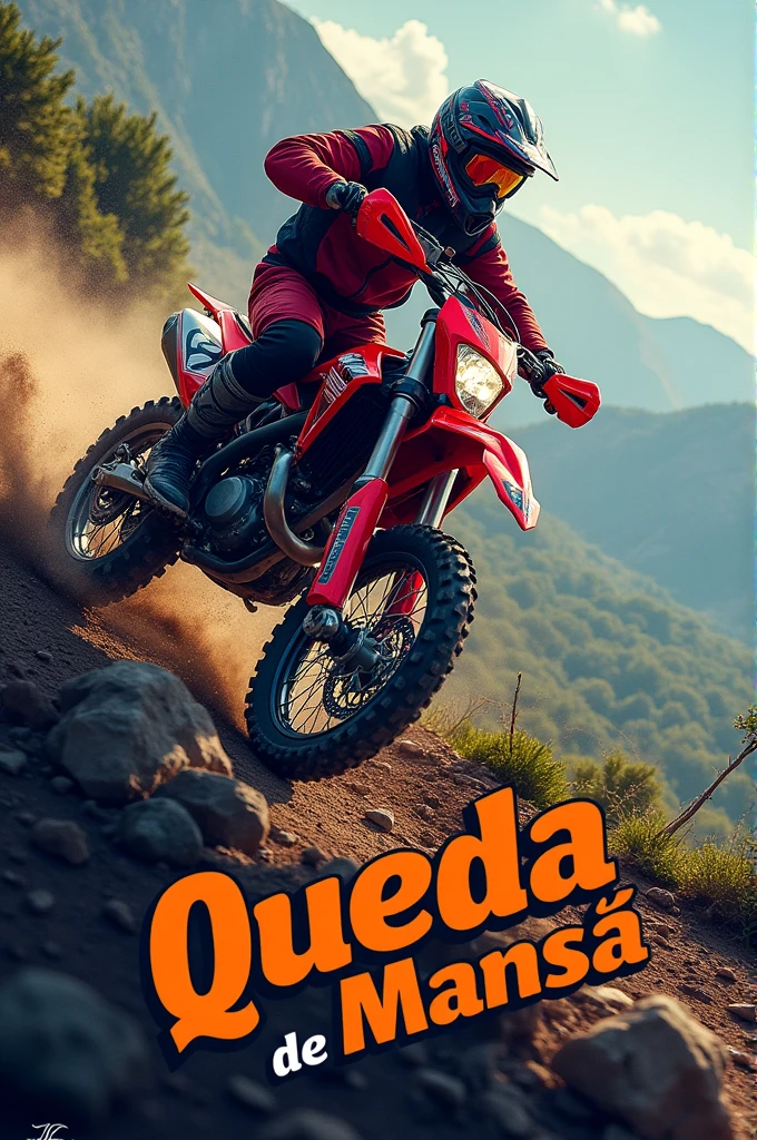 Create a profile logo image for Instagram An image of a radical motorcycle trail rider on a red motorcycle climbing a very high hill With the name team queda mansa de Ubiratã PR