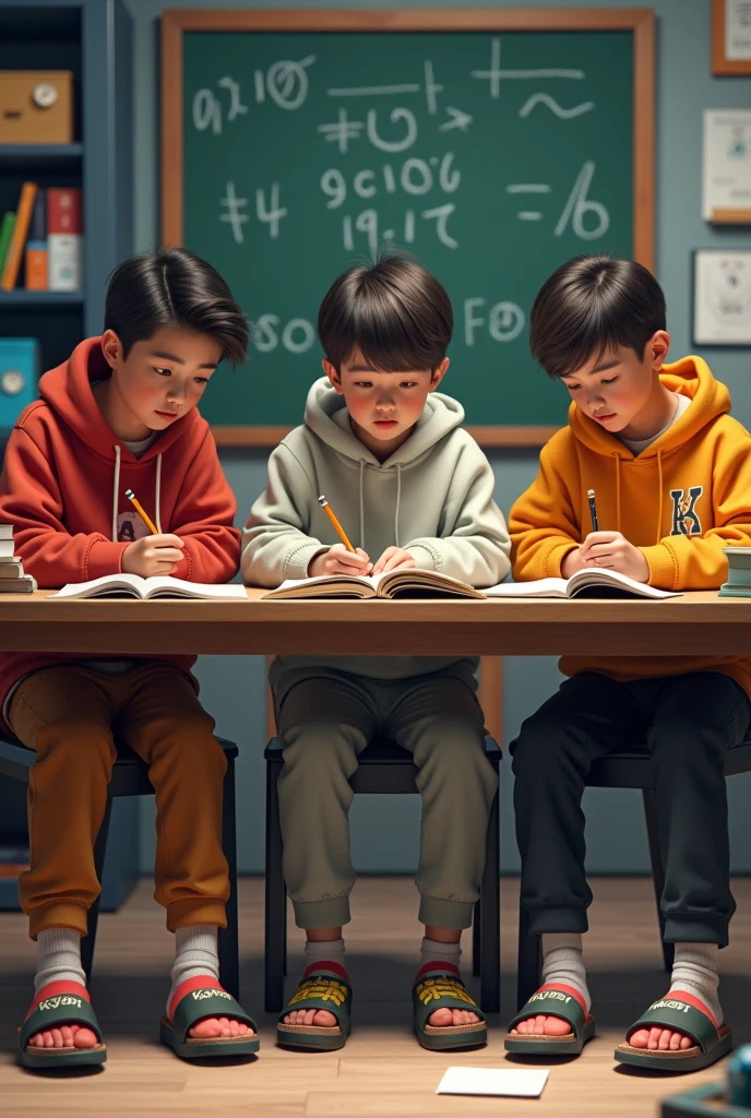 Make three boys studying for math test dressed in hoodies and Kanye West slippers and slides with socks on their feet