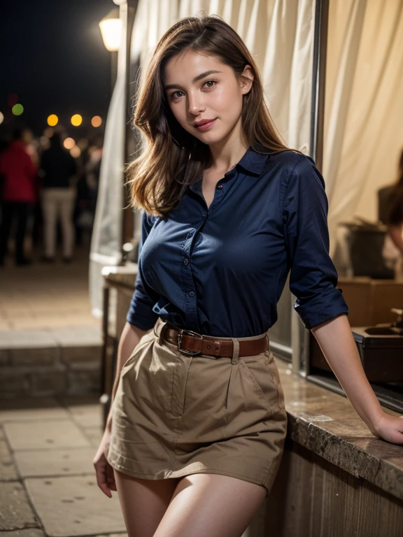 (Best quality, 32k, Raw photo, UHD), lifelike rendering, BREAK
A stunning beautiful European woman, 2, (1girl, solo, 24yo), medium blonde wavy hair, double eyelids, beautiful blue eyes, detailed facial, perfect round medium breasts, (cleavage:0.8), beautiful hand, wide hips, slender legs, soft curves body, glamorous figure, (pale skin:1.2), clean skin, exquisite skin texture, skin pores, BREAK
An adventuress from the '40s, she wears cotton sand-colored shirt, Khaki cotton army long skirt, leather belt, army boots. BREAK
On an operation in a frozen hungle, at night, in an army tent. BREAK
(Wide shot), sharp focus, (from front), (eyes to the camera, looking at the viewer, smile warmly), messy hair, beautiful legs, (corp legs shot), BREAK
highly details, hyper-realistic photo, detailed fabric rendering, (Film grain:1.3), photorealistic, bokeh, realism, 16k