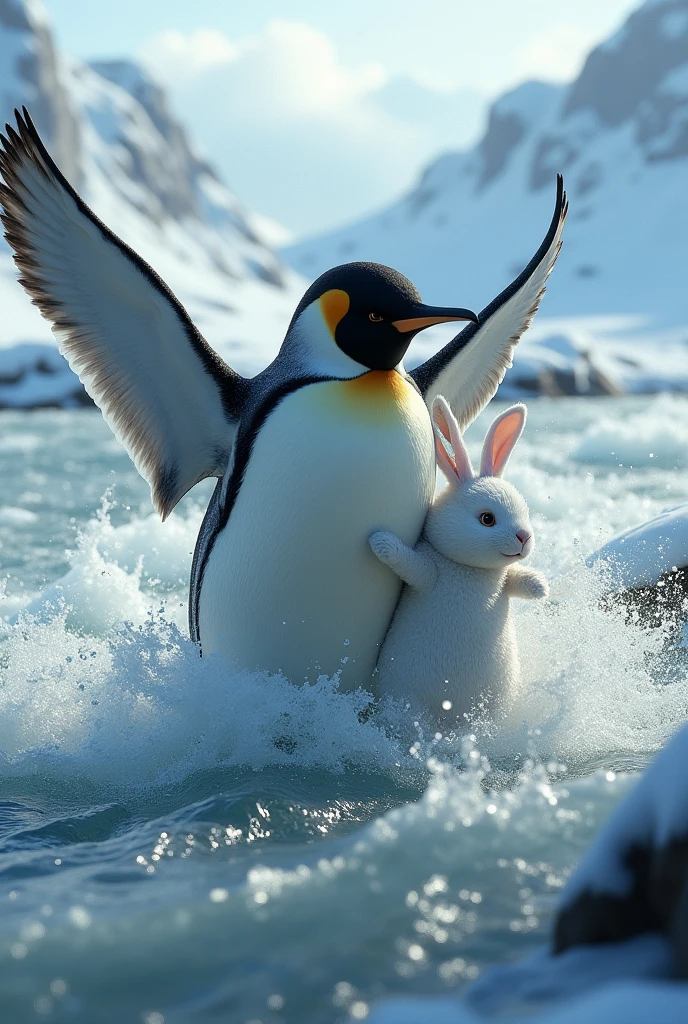 A big penguin come to save a poor white rabbit in the big snow water river ai image