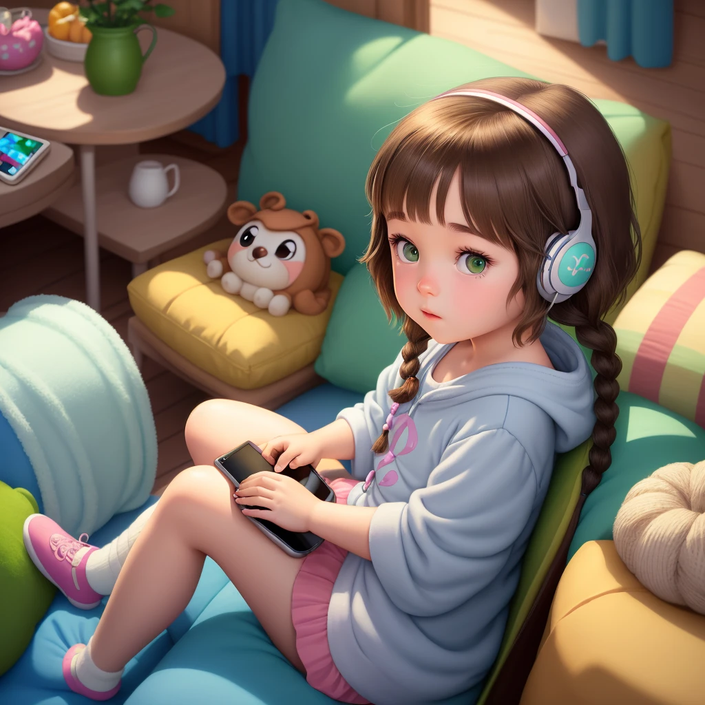 disney pixar style. young girl with short brown hair in two braids. she has green eyes. sitting with squishmallows all around her playing on her tablet with headphones on