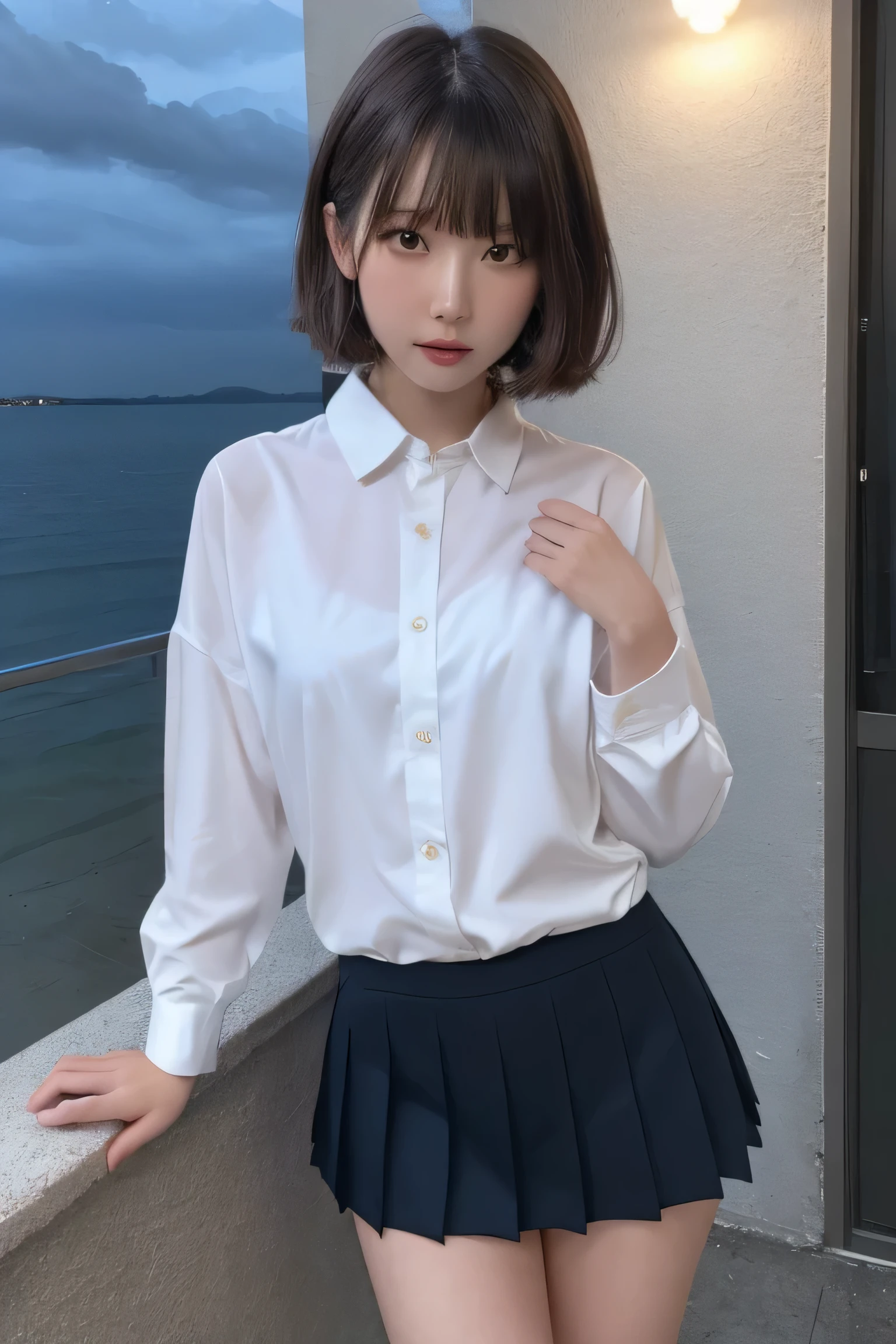 Tabletop, highest quality, One Girl, (Beautiful girl, Delicate girl:1.3), (:1.3), Very fine grain definition, (Symmetrical eyes:1.3), night, ( White shirt,Naby blue pleated skirt), Flat Chest, Brown eyes, Parted bangs, Brown Hair, Upper teeth, (Eyes and facial details:1.0), (RAW Photos, Film Grain, chromatic aberration), (Bokeh: 1.1),(sheer,wet), score_9, score_8_superior, score_7_superior, high-resolution style, masterpiece in 32K resolution, highest quality, truly amazing, highly detailed, ultra-high resolution, ultra-realistic, realistic, increased depth of field, cinematic lighting,
(sexy mature Japanese woman: 1.1),
black straight medium hair, super detailed beautiful face, calm and gentle expression, beautiful brown eyes, translucent white skin, realistic skin texture, great proportions,
elegant high-leg swimsuit,
simple design, chic color scheme, detailed fabric texture,
(dark cloudy sky on a dull night: 1.1), (dark clouds filling the sky: 1), (thunderclouds: 1), night coastline, stormy sea, (delayed desolate sandy beach: 1),
cinema-like angles,