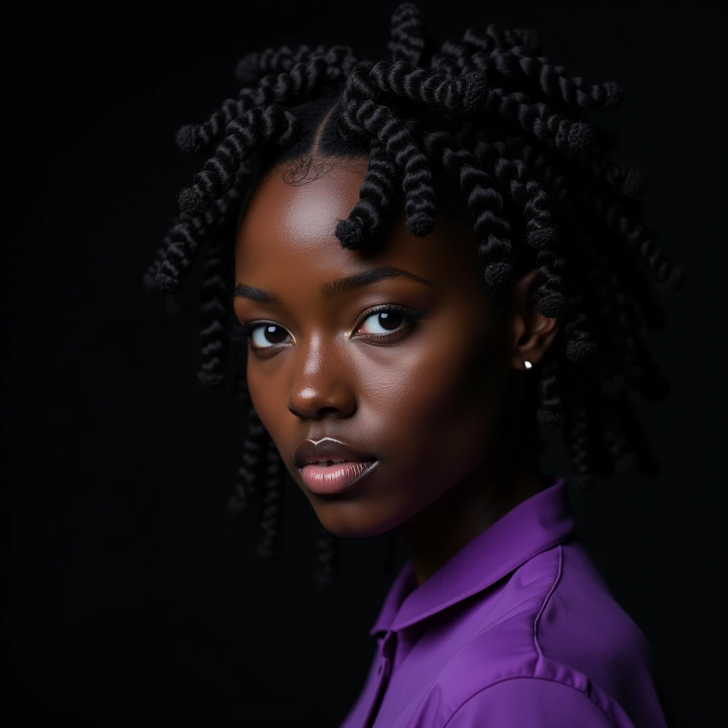 close-up of a woman, dark skin mulatto european appearance, Fractalpunk, curly braided intricate hair on top, portrait shot, studio lighting, beautiful android woman, pitchblack skin, She is wearing a purple shirt, Black background