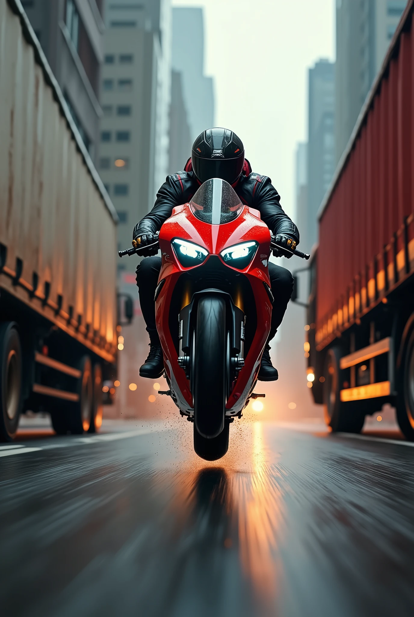 A highly detailed, futuristic, high speed action sean,  3D text "SPEED JUNKIE" centered at the top of the page, a rider on a ducati panigale v4 popping wheelie with the front wheel being a good 2 feet off the ground riding between two lorries, extremely dangerous situation, high speed chase, adrenaline, motion blur, low angle, dramatic lighting, cinematic composition, gritty urban environment, moody atmosphere, vibrant colors, hyper-realistic, award winning photography, masterpiece, (best quality,4k,8k,highres,masterpiece:1.2),ultra-detailed,(realistic,photorealistic,photo-realistic:1.37)