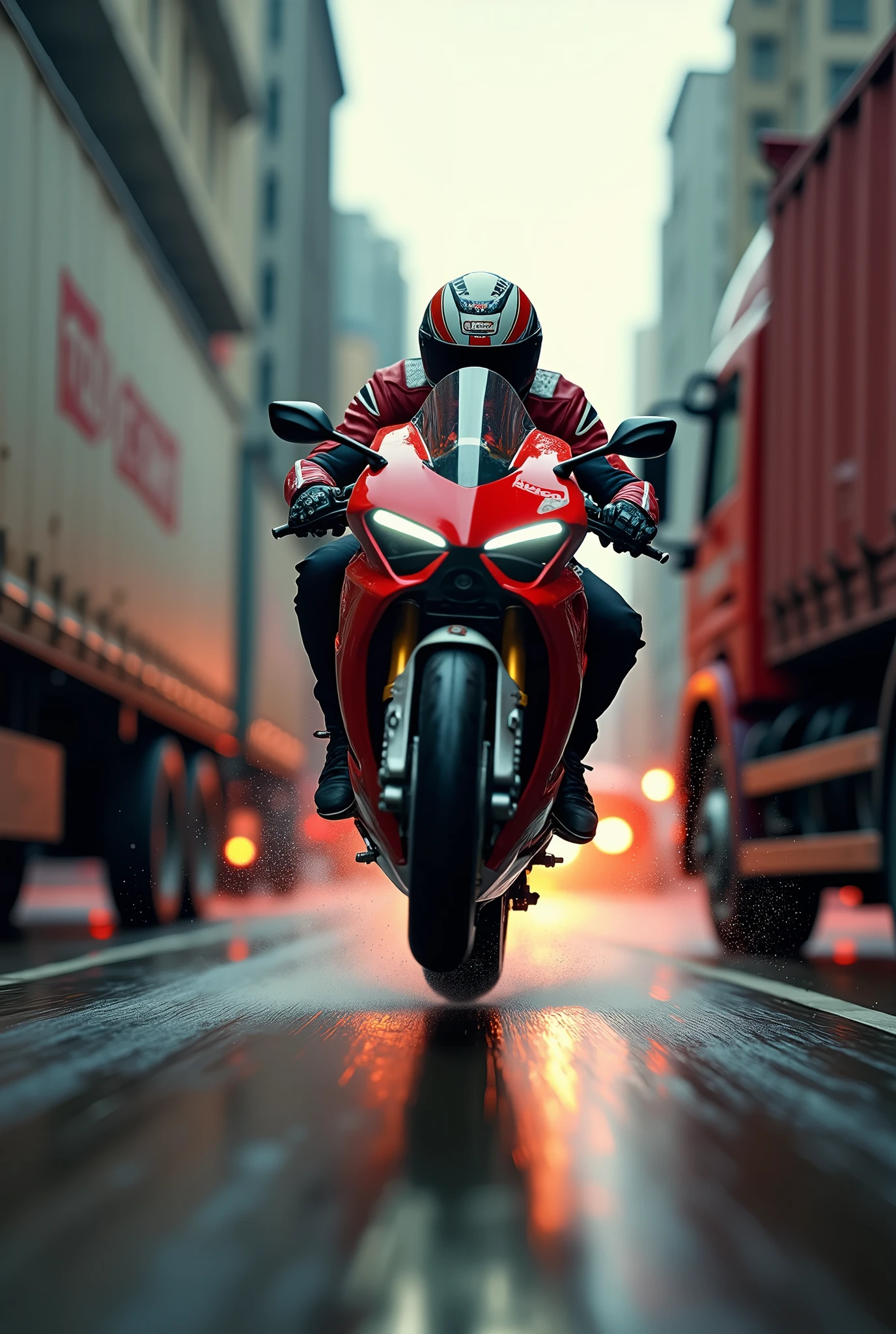 A highly detailed, futuristic, high speed action sean,  3D text "SPEED JUNKIE" centered at the top of the page, a rider on a ducati panigale v4 popping wheelie with the front wheel being a good 2 feet off the ground riding between two lorries, extremely dangerous situation, high speed chase, adrenaline, motion blur, low angle, dramatic lighting, cinematic composition, gritty urban environment, moody atmosphere, vibrant colors, hyper-realistic, award winning photography, masterpiece, (best quality,4k,8k,highres,masterpiece:1.2),ultra-detailed,(realistic,photorealistic,photo-realistic:1.37)