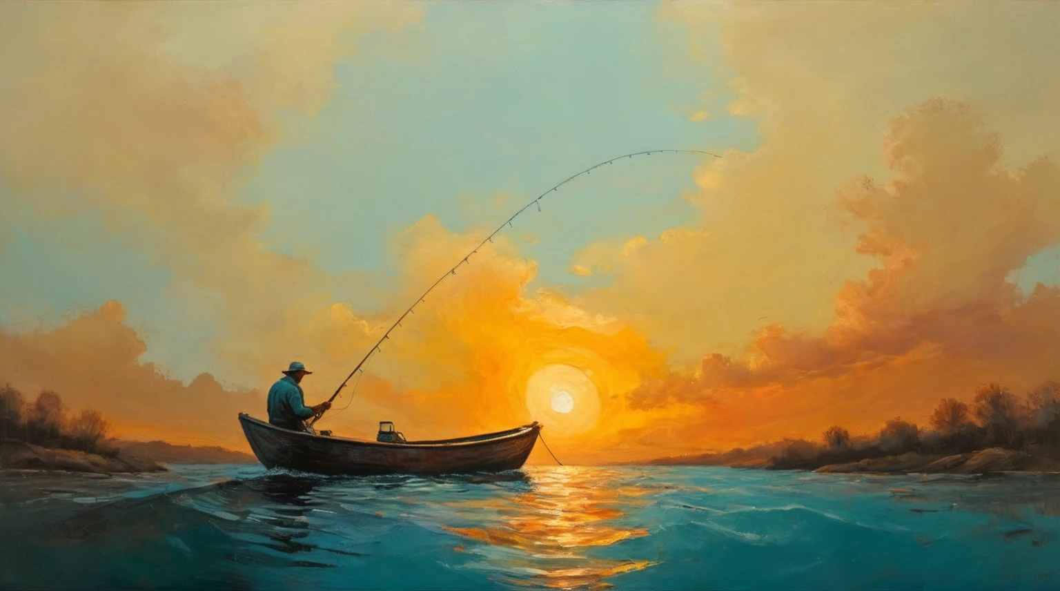 painting of a man fishing in a boat at sunset, ( a man fishing on a boat) a thick textured oil painting, impasto brushstrokes, dry brushing,revealing underlayers, abstract landscape, moody lighting, dramatic shadows, muted earthy colors, vibrant colors, highly detailed, masterpiece,
