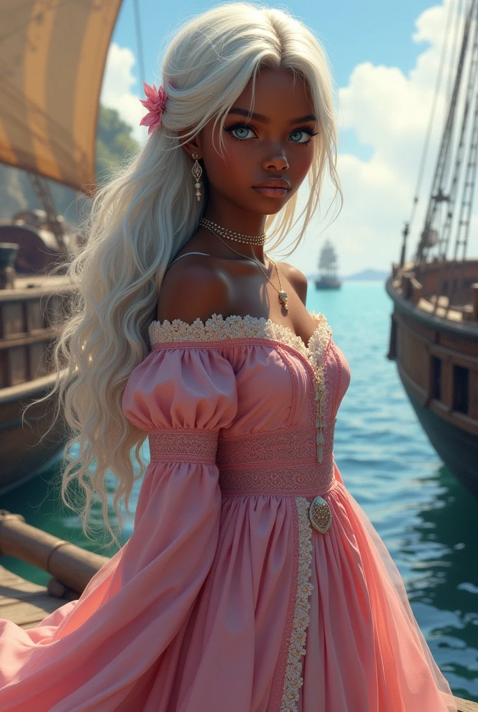 Create a realistic image of a teenage girl with black skin, white hair, blue eyes grayish.
she is wearing a pink dress from the medieval era , and is in a medieval maritime setting 