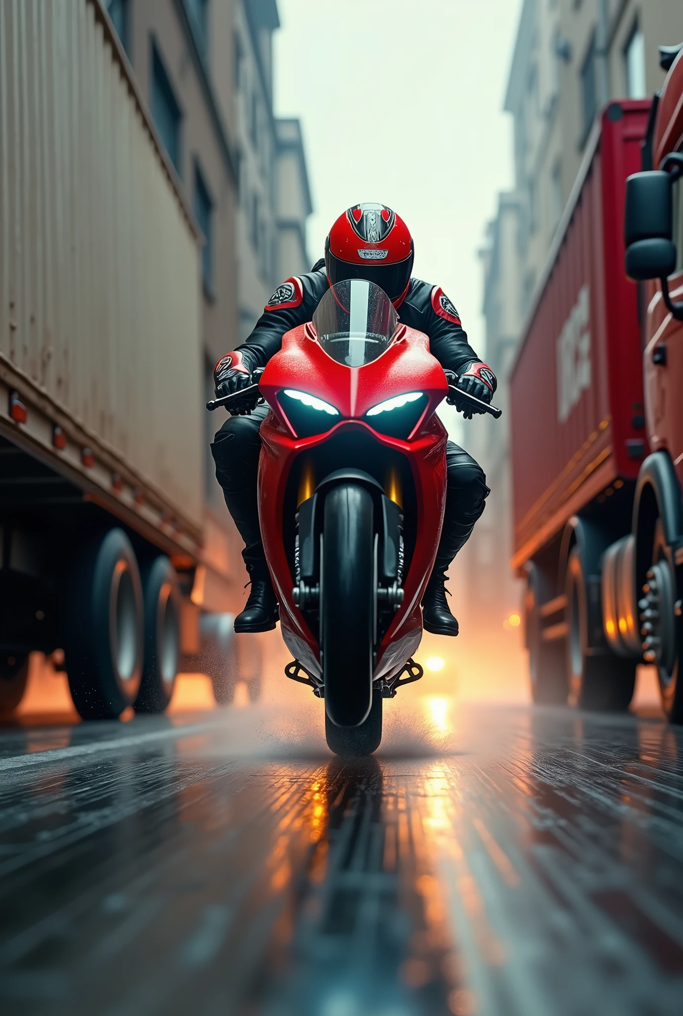 A highly detailed, futuristic, high speed action sean, 3D text "SPEED JUNKIE" centered at the top of the page, a rider on a ducati panigale v4 popping wheelie with the front wheel being a good 2 feet off the ground riding between two lorries, extremely dangerous situation, high speed chase, adrenaline, motion blur, low angle, dramatic lighting, cinematic composition, gritty urban environment, moody atmosphere, vibrant colors, hyper-realistic, award winning photography, masterpiece, (best quality,4k,8k,highres,masterpiece:1.2),ultra-detailed,(realistic,photorealistic,photo-realistic:1.37)
