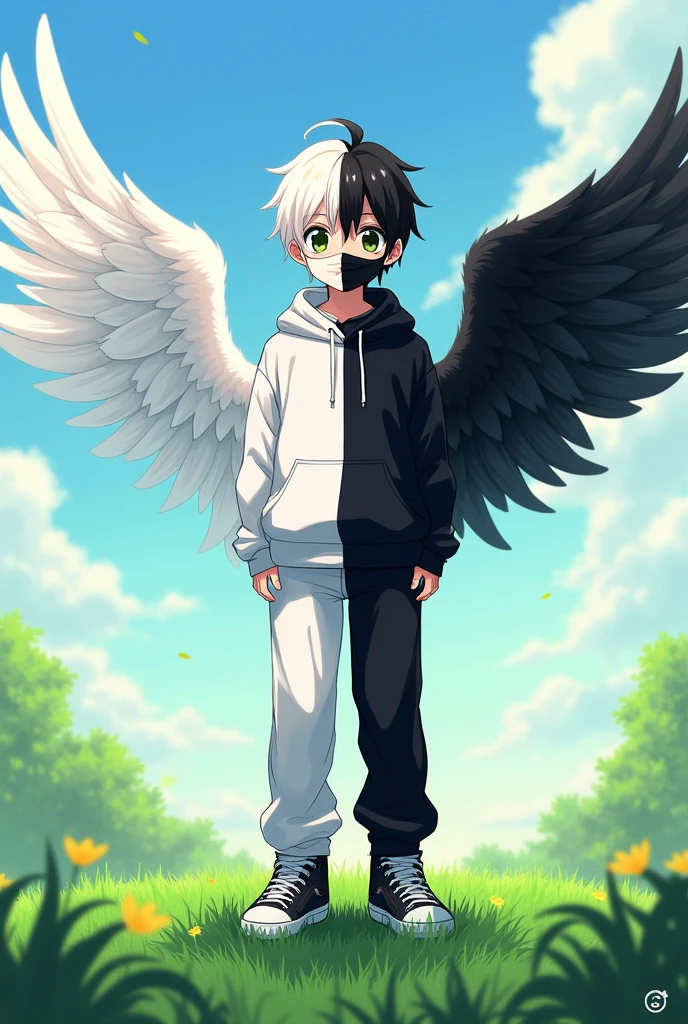 Take an anime photo of a boy wearing a sweatshirt that is half white and the other half black, and he wears a mask that is half white and the other half black, pants and shoes half white and the other half black and the wings are half white and the other half black and it is in a field of grass