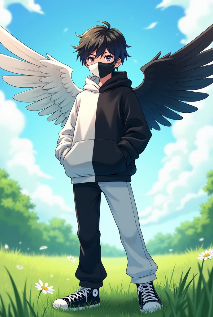 Take an anime photo of a boy wearing a sweatshirt that is half white and the other half black, and he wears a mask that is half white and the other half black, pants and shoes half white and the other half black and the wings are half white and the other half black and it is in a field of grass
 