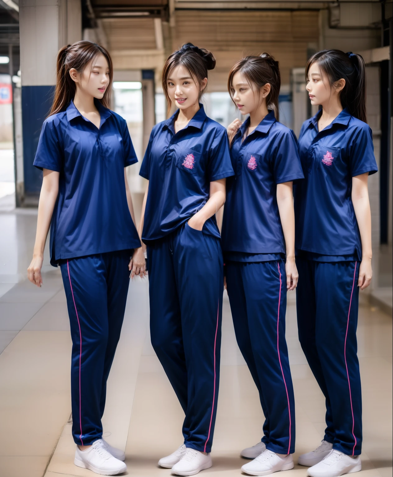 3 girls in garage, Navy blue short-sleeved shirt,Navy Long Trackpant,Sweatpants, Sweatpantsขายาว,2 girl, lesbian, sexy, exercise clothes, wet body, exercise clothes