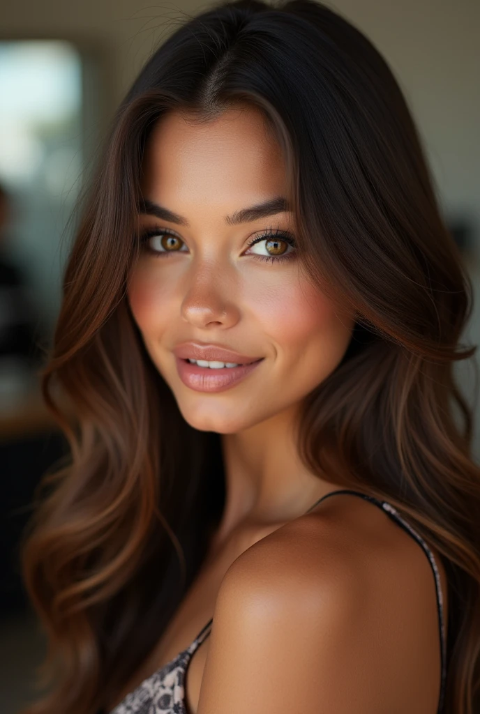 Arafed woman with long brown hair and brown eyes, beautiful face latina, extremely beautiful face, beautiful brown eyes, beautiful face and perfect skin, brown hair and big eyes, Amber eyes focused, beautiful face atractiva, Portrait of tanned beauty, Photo of a beautiful woman, eyes the color of honey, beautiful face, beautiful and attractive face, Detailed beautiful face, light brown eyes. at the hair salon sitting in the hairdresser's chair